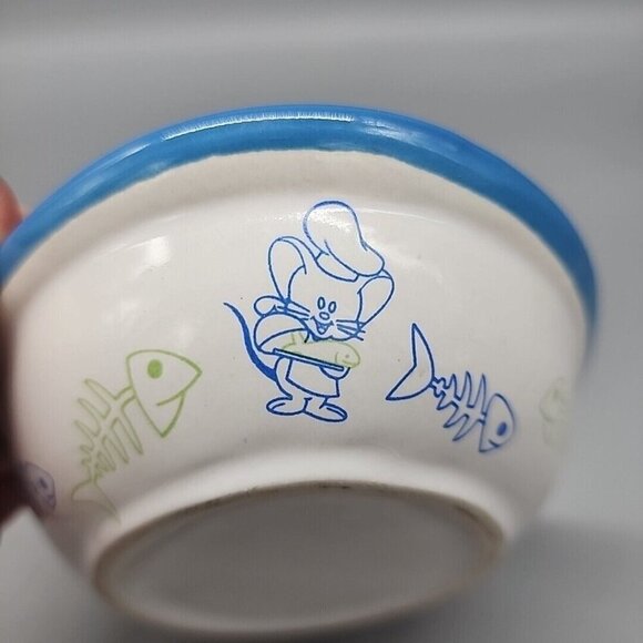 Vintage Cat Food Bowl Blue Mouse Fish Ceramic Unbranded - Picture 3 of 6